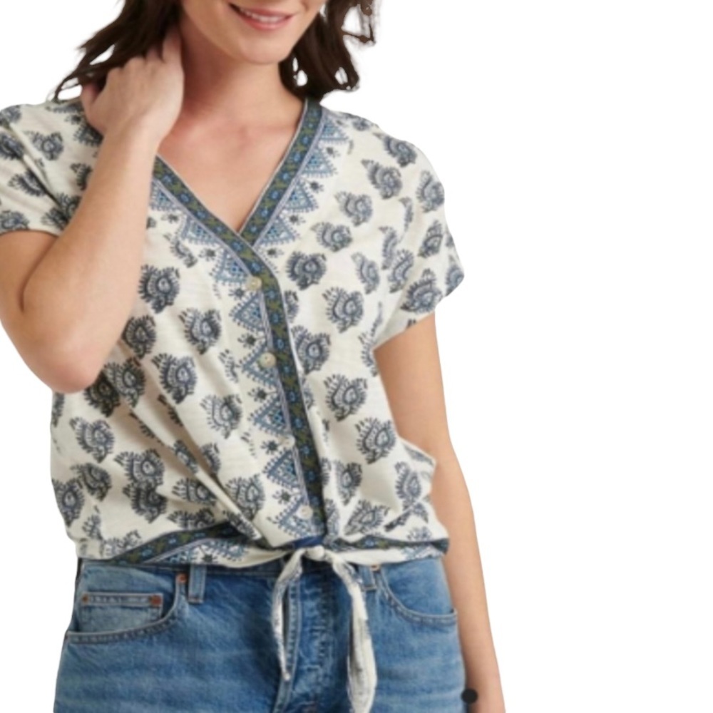 Lucky Brand V-Neck Tie Front Short Sleeve Top Size XL